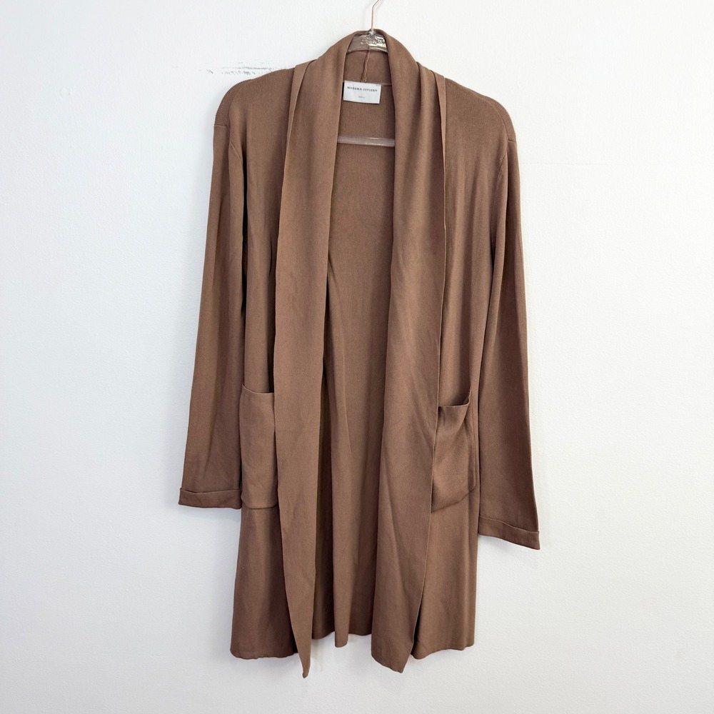 Modern Citizen Open Front Longline Knit Cardigan Sweater Taupe Small